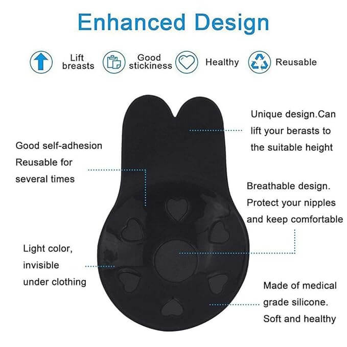 Black Strapless Reusable Women's Rabbit Ear Push-Up Invisible Nipple Covers