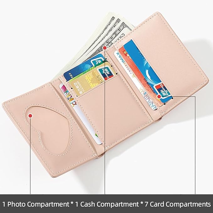 Pink Small Wallet for Women & Teens – PU Leather Trifold Card & Cash Holder with Floral Snap & ID Window