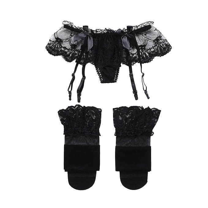 Black Floral Lace Garter Belt Set with Sheer Stockings