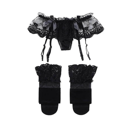Black Floral Lace Garter Belt Set with Sheer Stockings