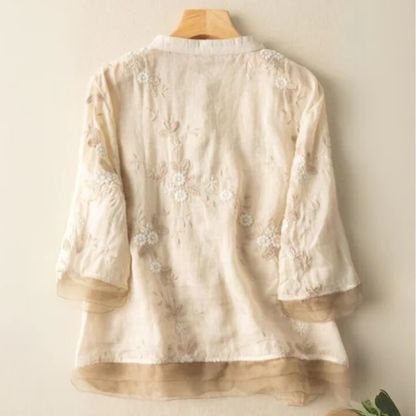 Women’s Organic Slub Cotton Embroidered Shirt with Organza Cuffs