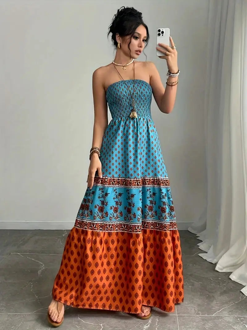 Airy Off-Shoulder Maxi Dress – Ruffle Trim, Pleated Skirt, Lightweight Fabric for Sunny Days & Vacations