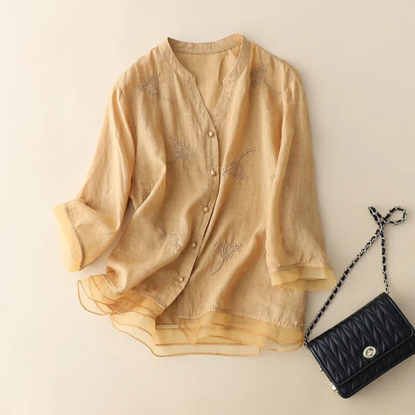 Women’s Embroidered Cotton Elegant Top with Organza Cuff Detail