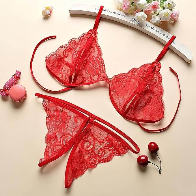 Red Transparent Lingerie Set With a Satin Eye Mask