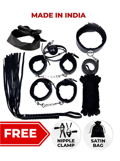 Black Leather BDSM Bondage kit with Handcuff set- 8 Pcs