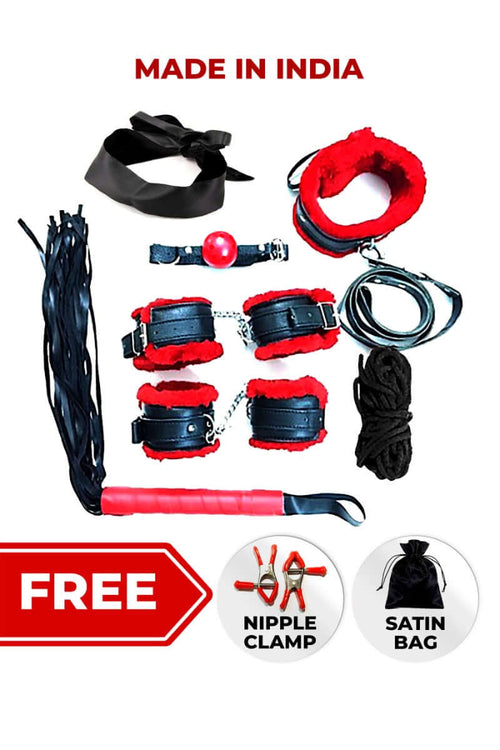 Black & Red  Leather BDSM Bondage Kit - 8 Pcs
