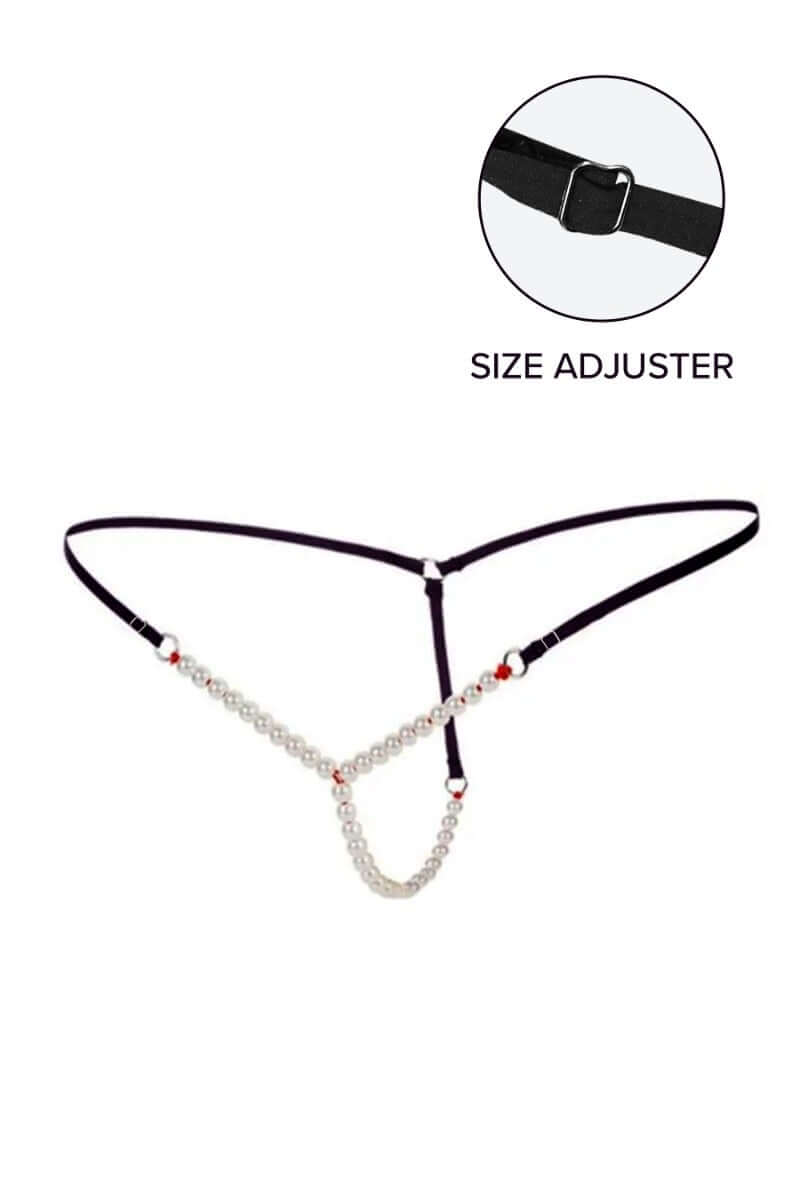 Black Micro G String with Beaded White pearls