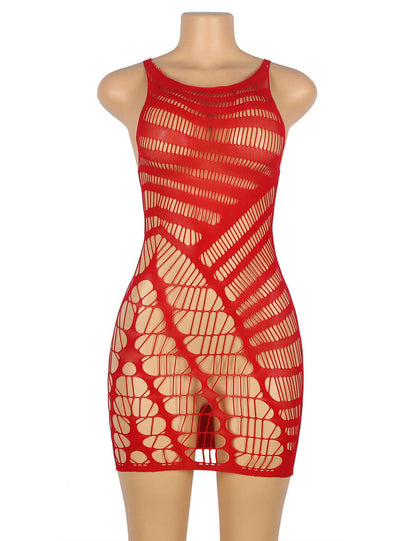 Red Crotchet Mesh Hollow-out Mini Chemise Dress