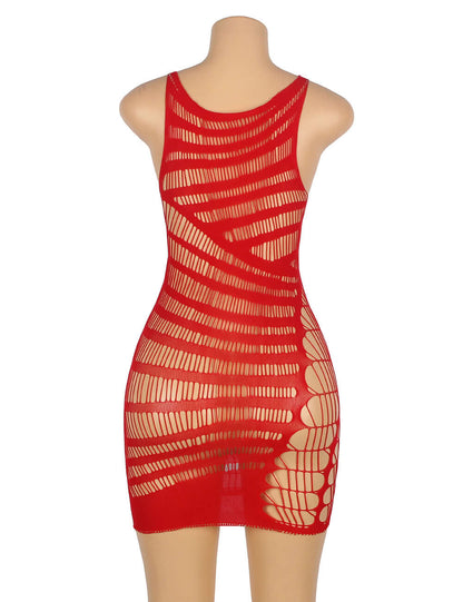 Red Crotchet Mesh Hollow-out Mini Chemise Dress