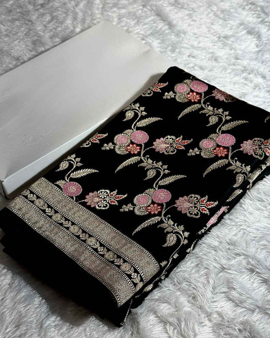 Black Mashru Katan Silk Saree with Floral Zari Weave and Golden Border