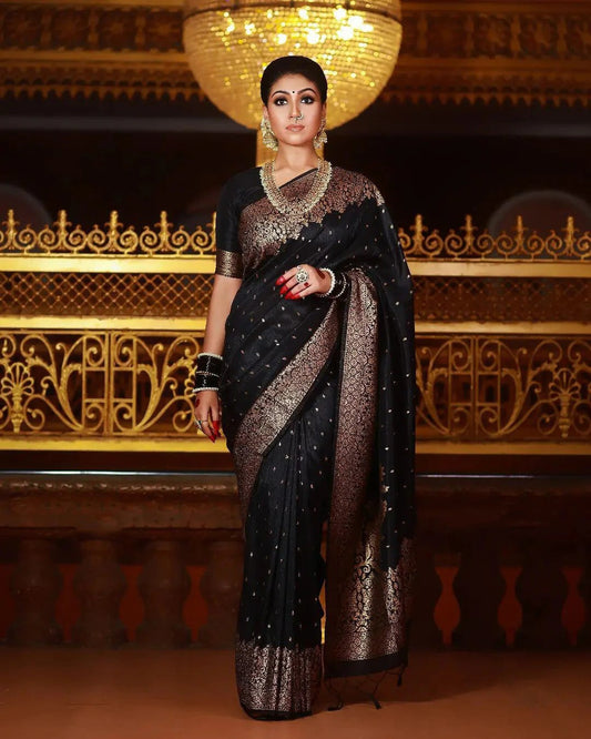 Black Banarasi Silk Saree with Jacquard Zari Border