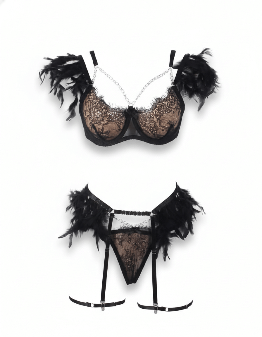 Elegant Black Feather Lace Lingerie Set