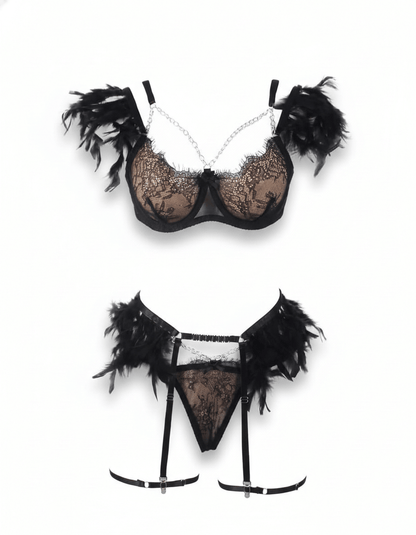 Elegant Black Feather Lace Lingerie Set