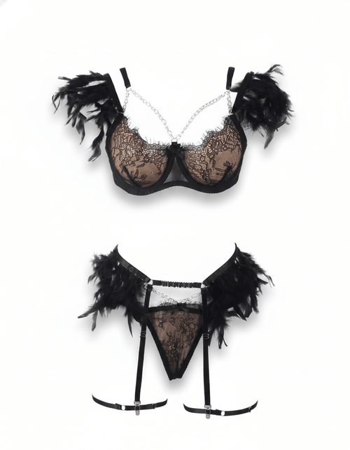Elegant Black Feather Lace Lingerie Set