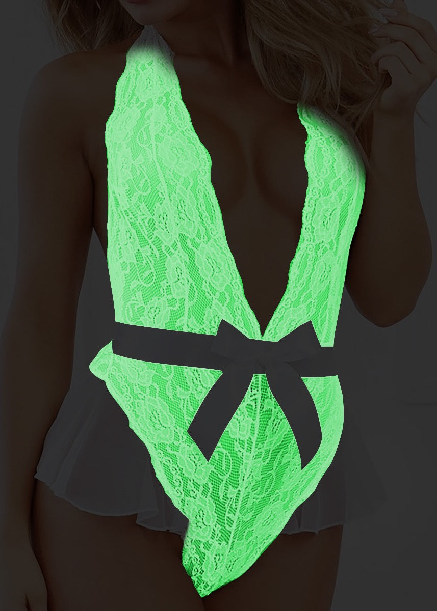 Sexy White Lace Designer Glow In Dark  Teddy Lingerie