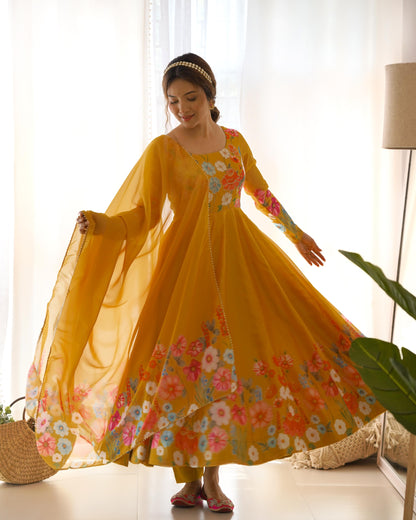 Yellow Soft Organza Anarkali Suit Set with Flared Gown, Dupatta & Pants