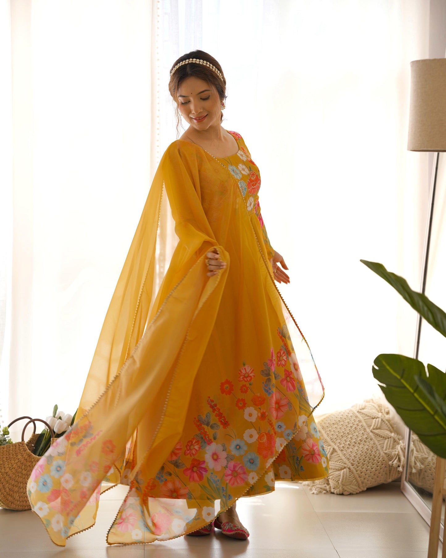 Yellow Soft Organza Anarkali Suit Set with Flared Gown, Dupatta & Pants