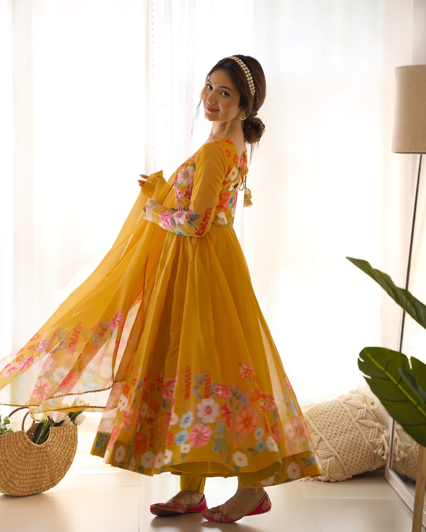 Yellow Soft Organza Anarkali Suit Set with Flared Gown, Dupatta & Pants