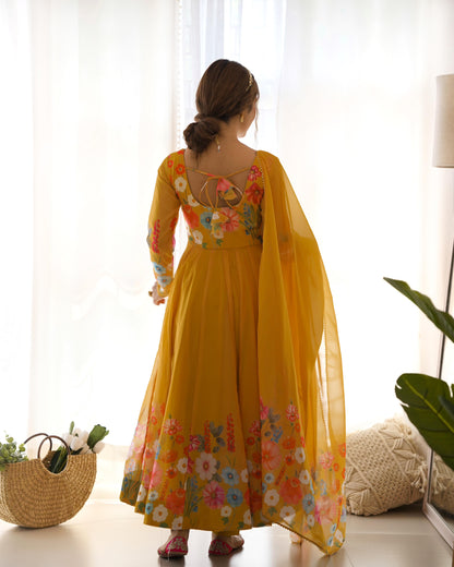Yellow Soft Organza Anarkali Suit Set with Flared Gown, Dupatta & Pants
