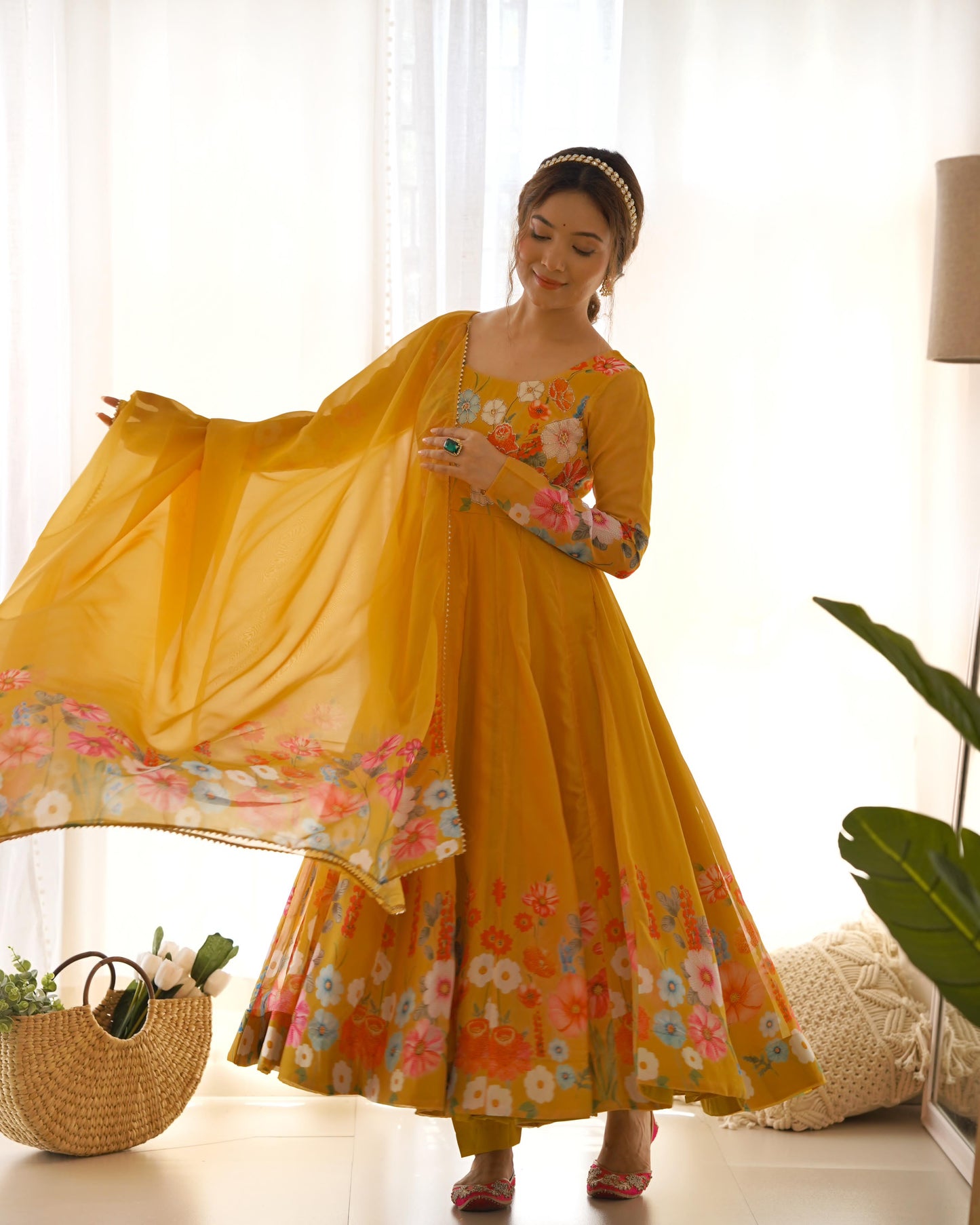 Yellow Soft Organza Anarkali Suit Set with Flared Gown, Dupatta & Pants