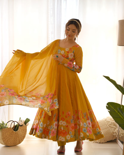 Yellow Soft Organza Anarkali Suit Set with Flared Gown, Dupatta & Pants