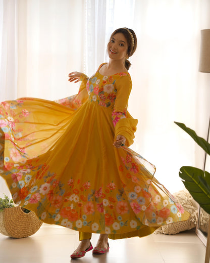 Yellow Soft Organza Anarkali Suit Set with Flared Gown, Dupatta & Pants