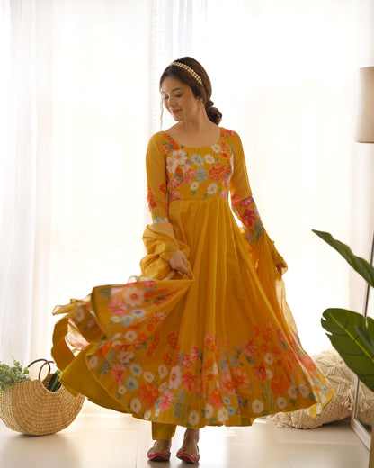 Yellow Soft Organza Anarkali Suit Set with Flared Gown, Dupatta & Pants