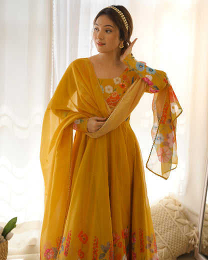 Yellow Soft Organza Anarkali Suit Set with Flared Gown, Dupatta & Pants