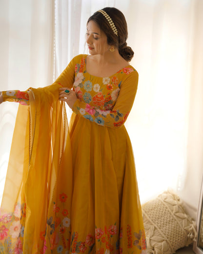 Yellow Soft Organza Anarkali Suit Set with Flared Gown, Dupatta & Pants