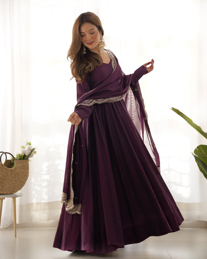Wine Roman Silk Chanderi Anarkali Suit Set with Flared Gown, Dupatta & Pants