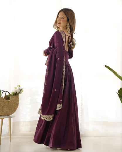 Wine Roman Silk Chanderi Anarkali Suit Set with Flared Gown, Dupatta & Pants