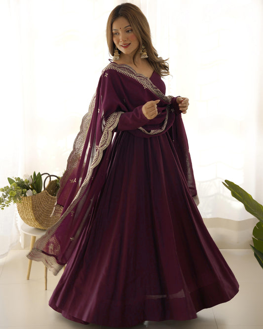 Wine Roman Silk Chanderi Anarkali Suit Set with Flared Gown, Dupatta & Pants