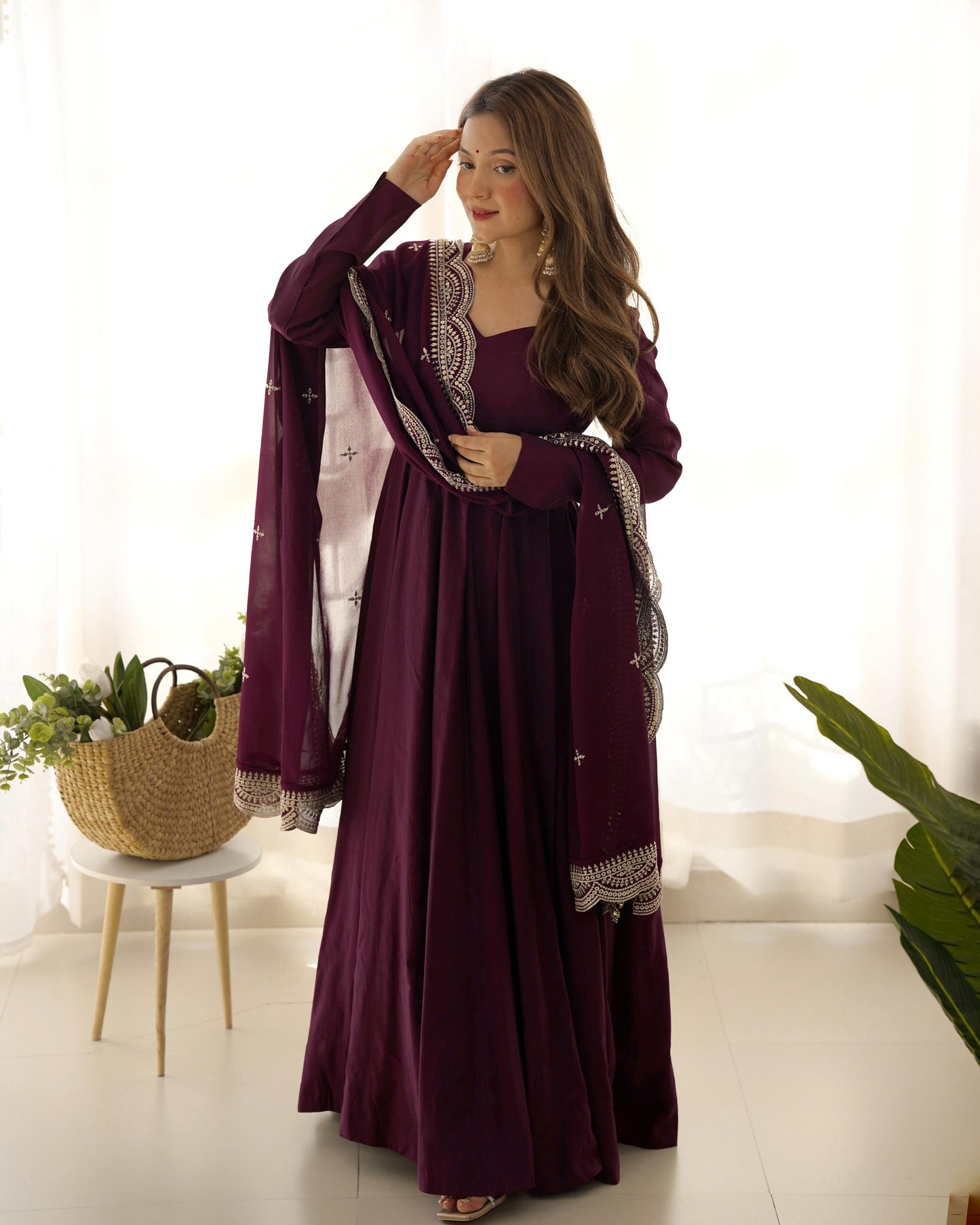 Wine Roman Silk Chanderi Anarkali Suit Set with Flared Gown, Dupatta & Pants
