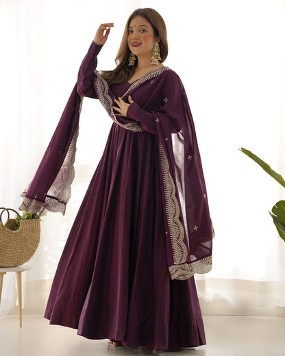 Wine Roman Silk Chanderi Anarkali Suit Set with Flared Gown, Dupatta & Pants