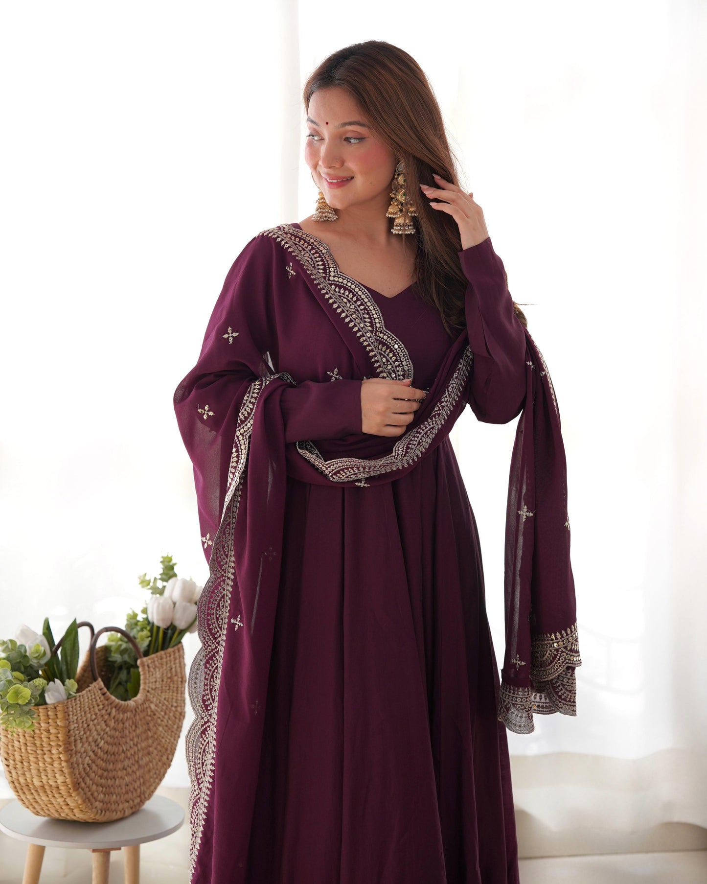 Wine Roman Silk Chanderi Anarkali Suit Set with Flared Gown, Dupatta & Pants