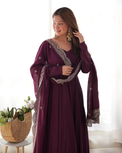 Wine Roman Silk Chanderi Anarkali Suit Set with Flared Gown, Dupatta & Pants
