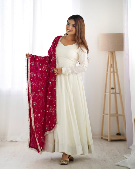 White Soft Vichitra Silk Anarkali Suit Set with Flared Gown, Dark Pink Dupatta & Pants