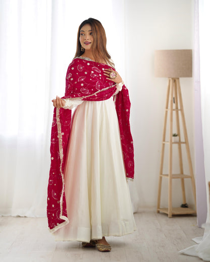 White Soft Vichitra Silk Anarkali Suit Set with Flared Gown, Dark Pink Dupatta & Pants
