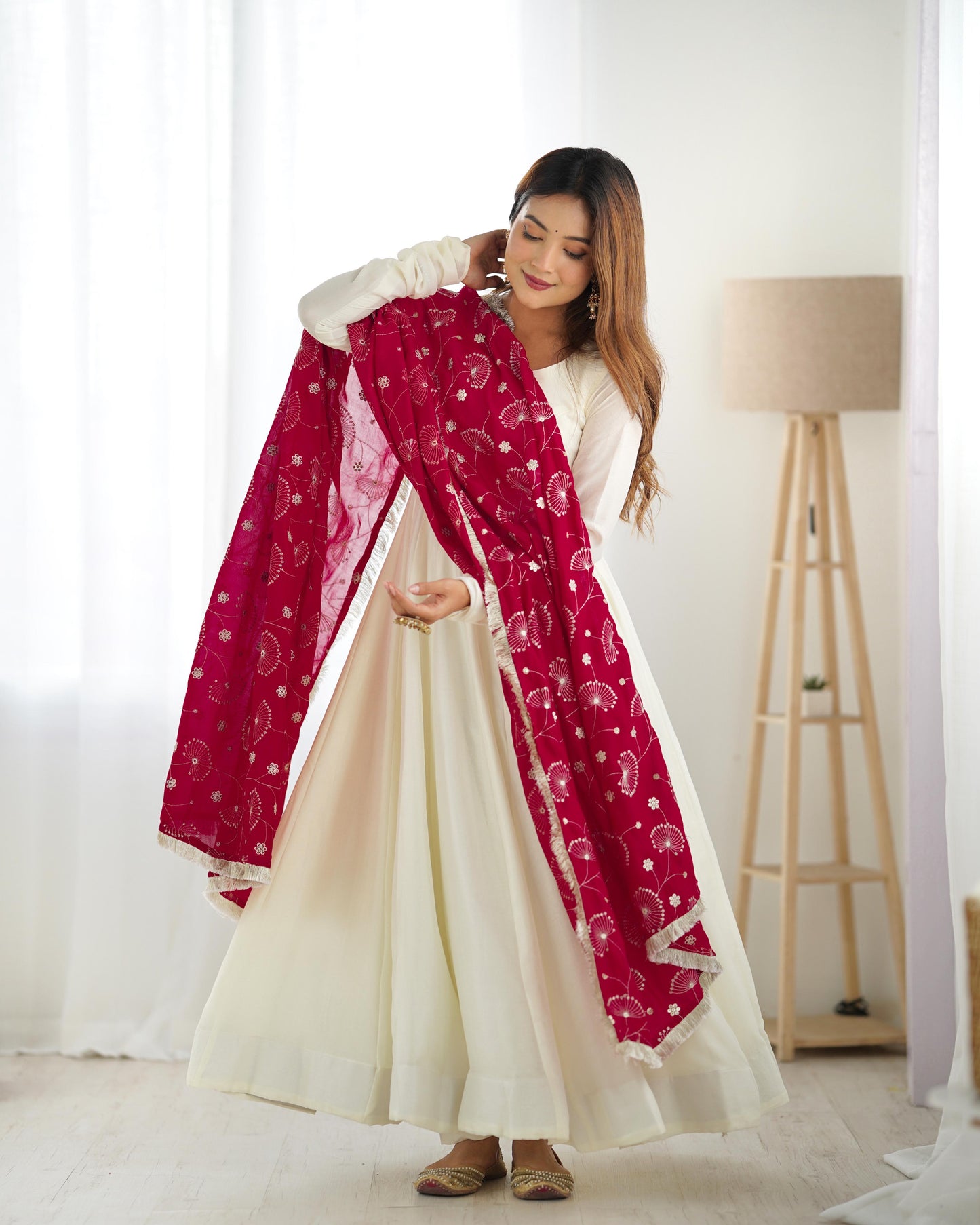 White Soft Vichitra Silk Anarkali Suit Set with Flared Gown, Dark Pink Dupatta & Pants
