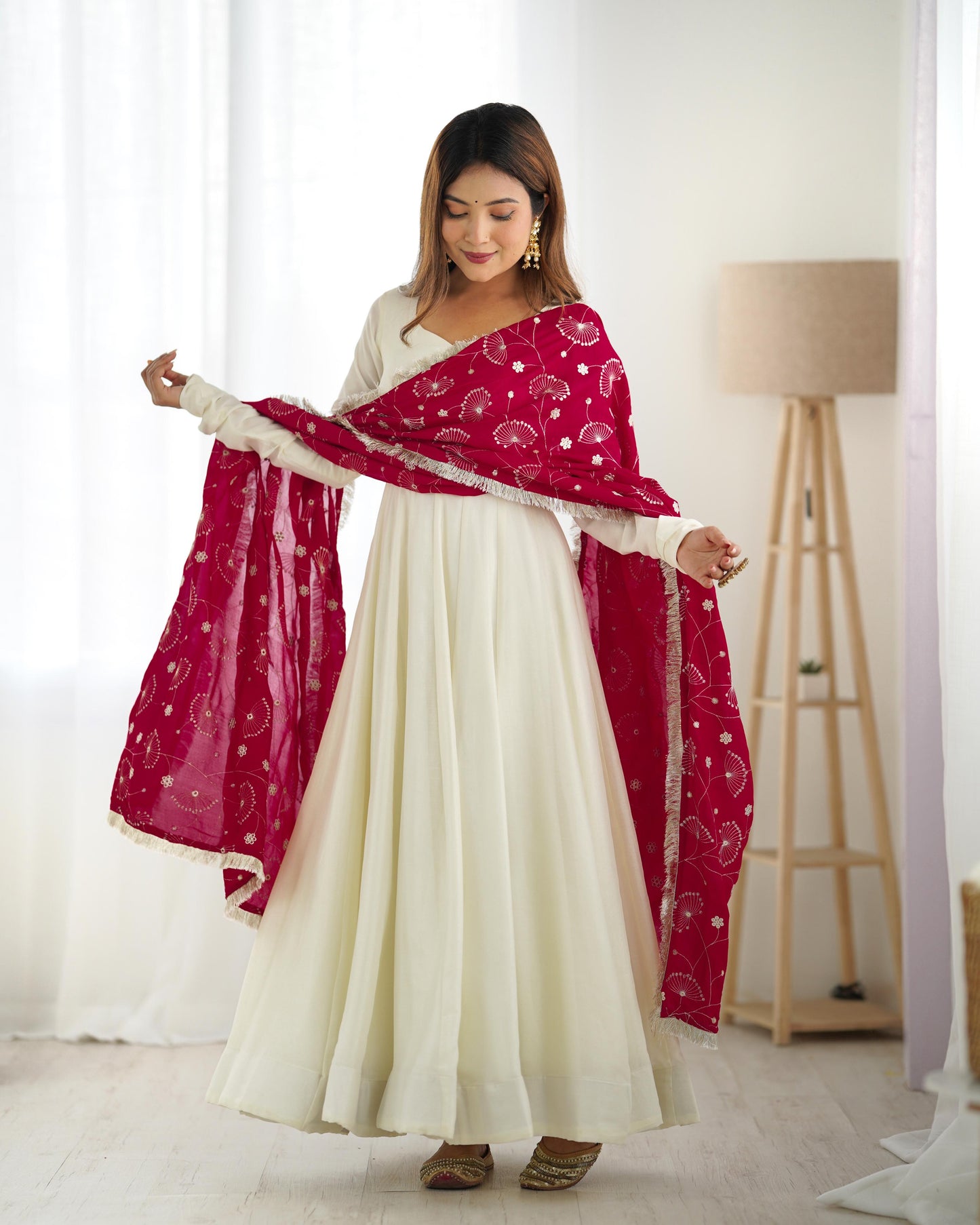 White Soft Vichitra Silk Anarkali Suit Set with Flared Gown, Dark Pink Dupatta & Pants