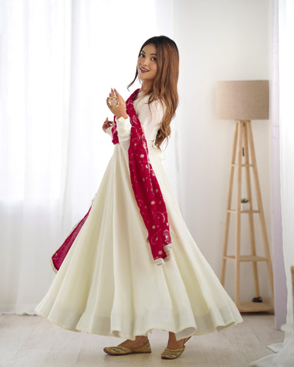 White Soft Vichitra Silk Anarkali Suit Set with Flared Gown, Dark Pink Dupatta & Pants