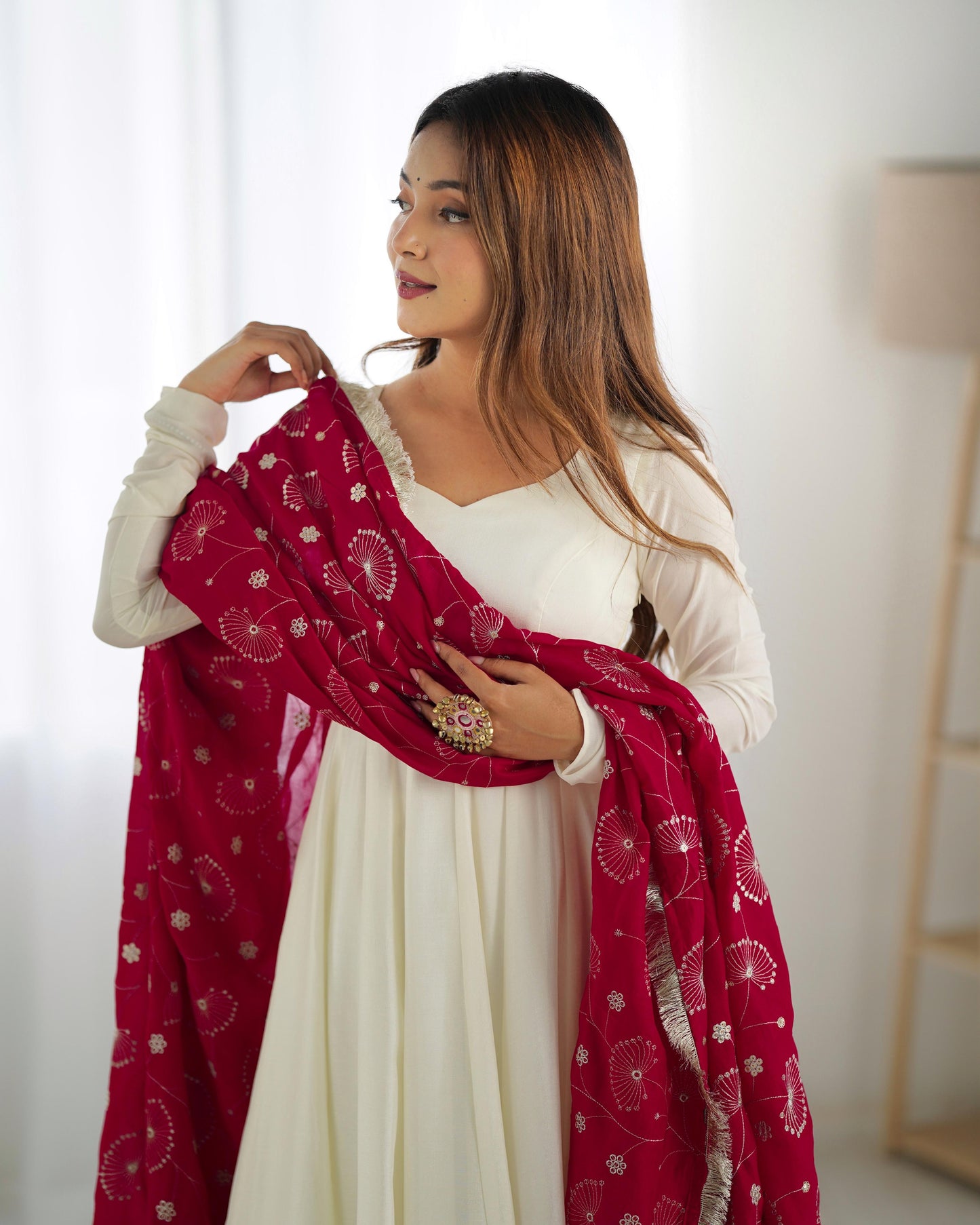 White Soft Vichitra Silk Anarkali Suit Set with Flared Gown, Dark Pink Dupatta & Pants