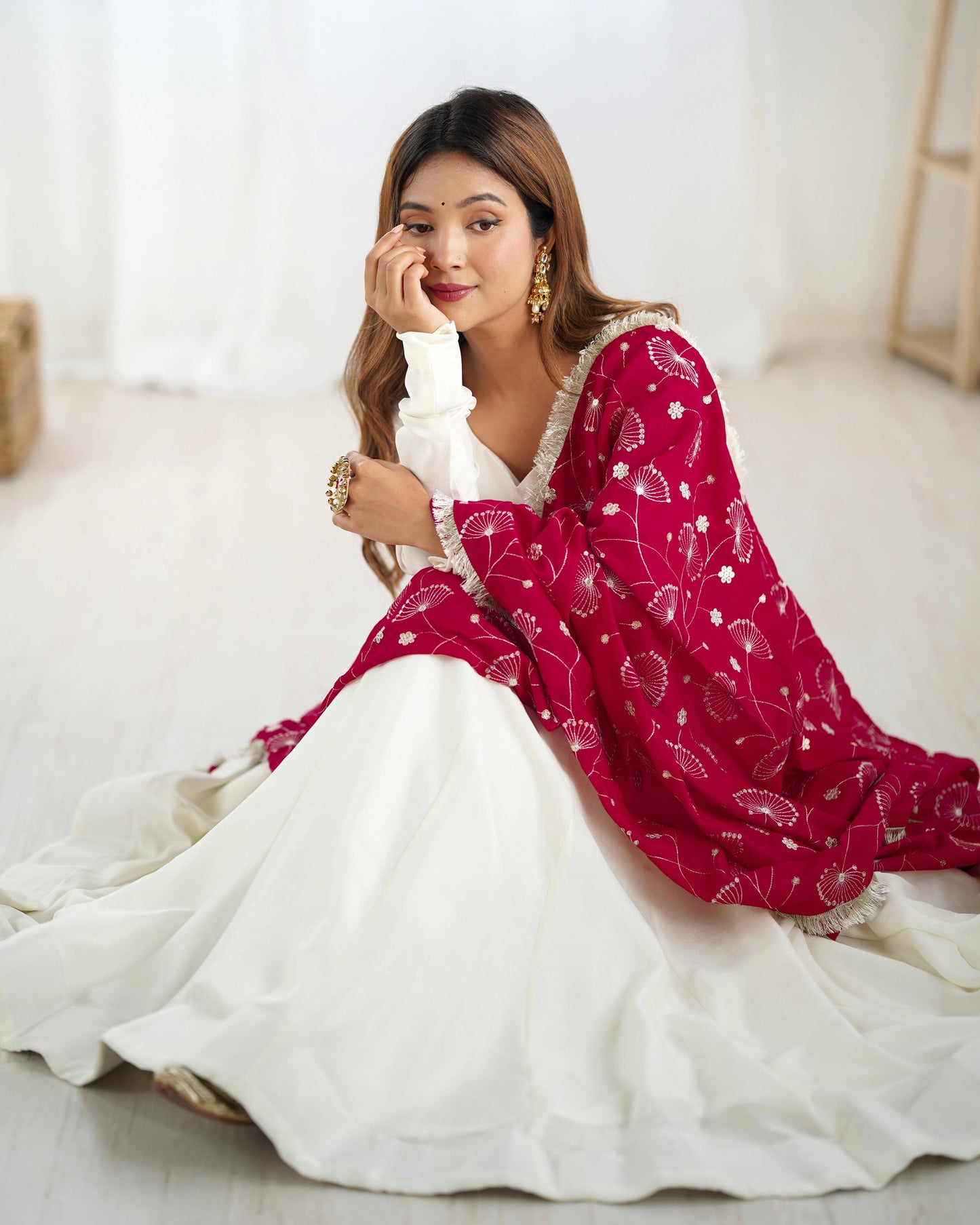 White Soft Vichitra Silk Anarkali Suit Set with Flared Gown, Dark Pink Dupatta & Pants