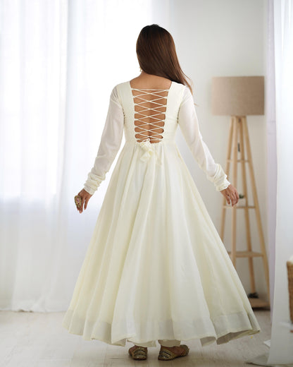 White Soft Vichitra Silk Anarkali Suit Set with Flared Gown, Dark Pink Dupatta & Pants