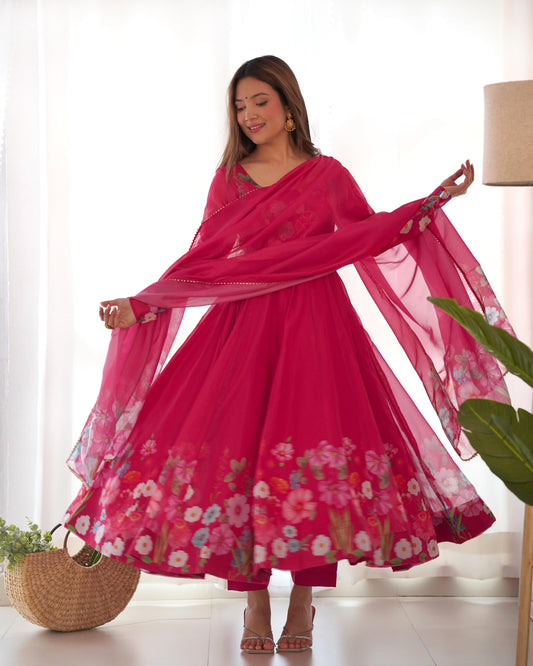 Pink Soft Organza Anarkali Suit Set with Flared Gown, Dupatta & Pants