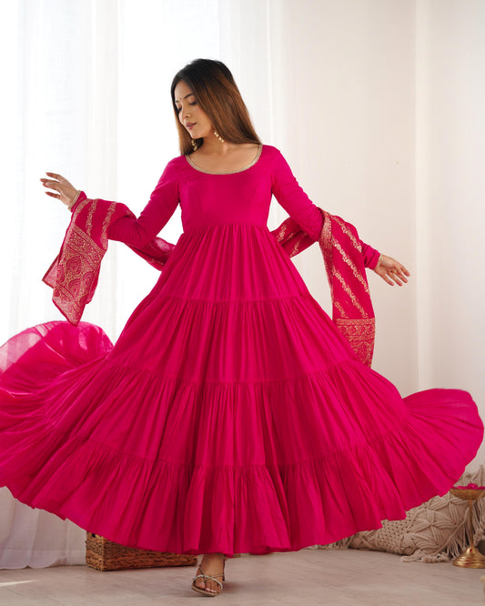 Pink Roman Silk Chanderi Anarkali Suit Set with Flared Gown, Dupatta & Pants