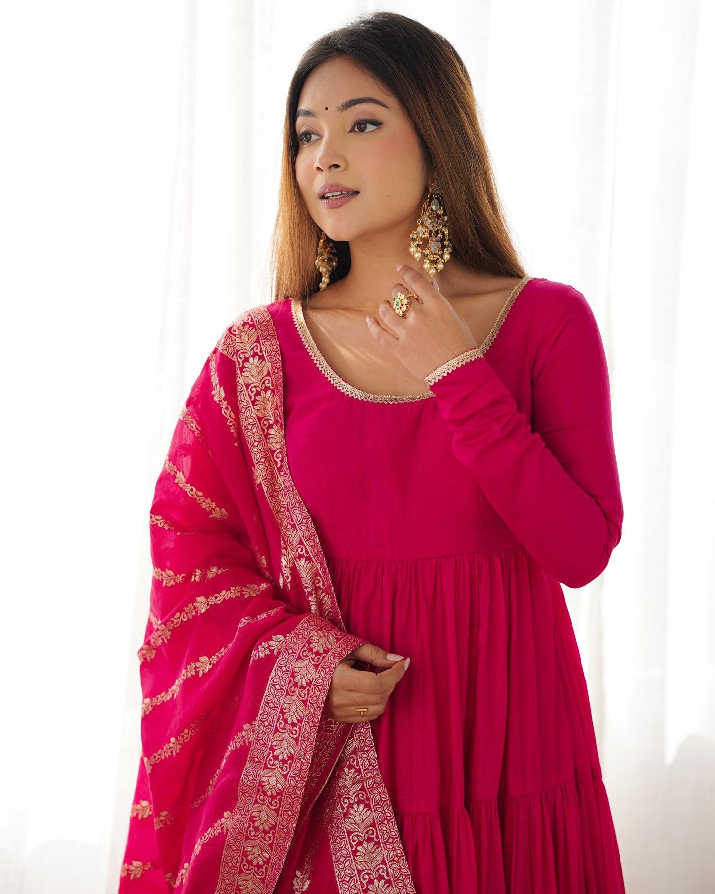 Pink Roman Silk Chanderi Anarkali Suit Set with Flared Gown, Dupatta & Pants