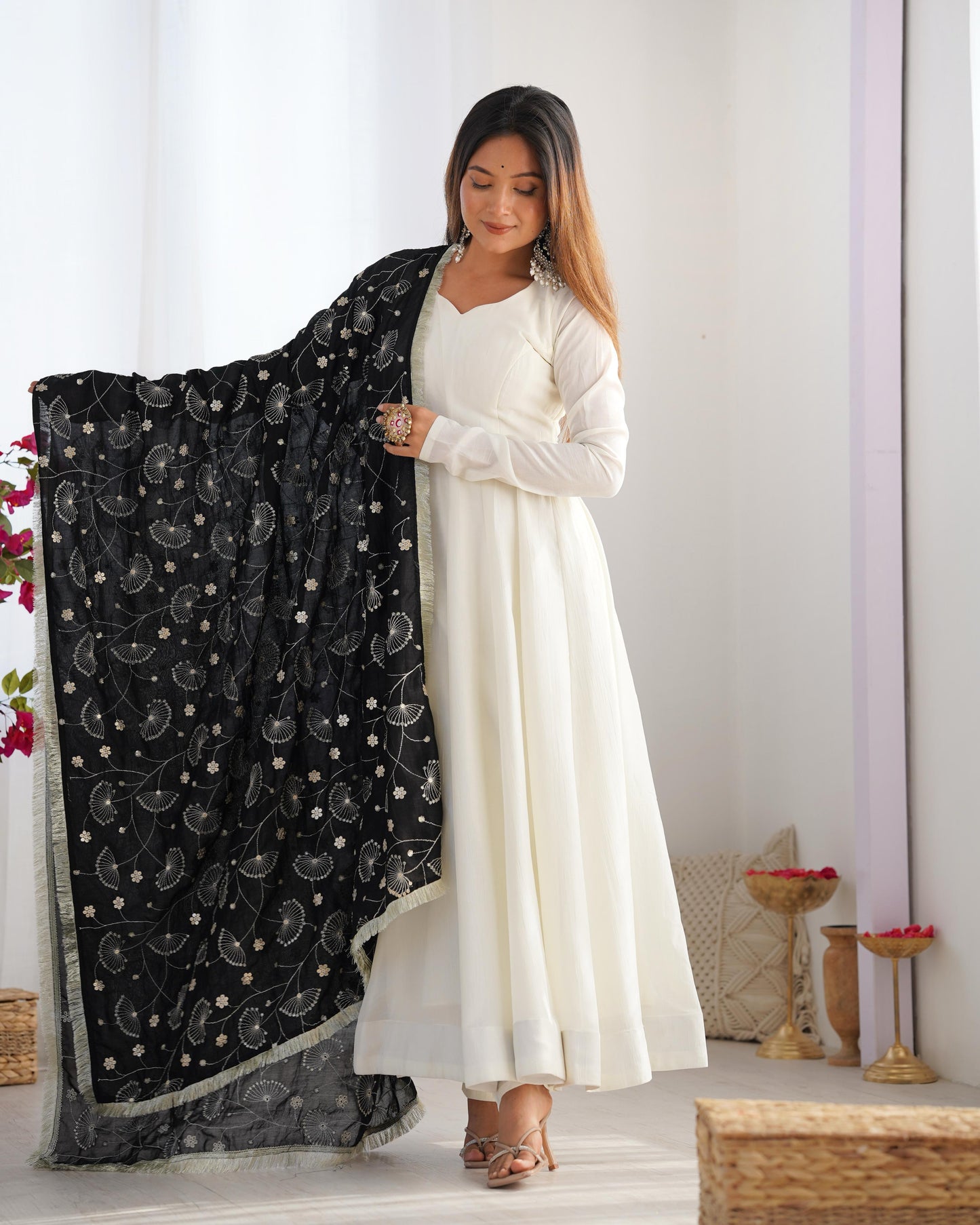 White Soft Vichitra Silk Anarkali Suit Set with Flared Gown, Black Dupatta & Pants