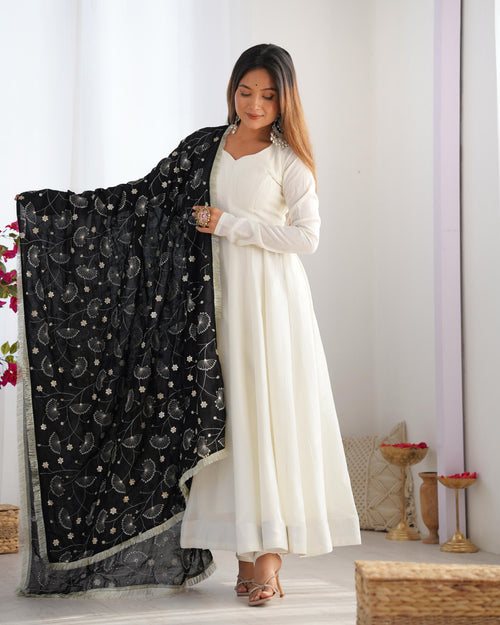 White Soft Vichitra Silk Anarkali Suit Set with Flared Gown, Black Dupatta & Pants