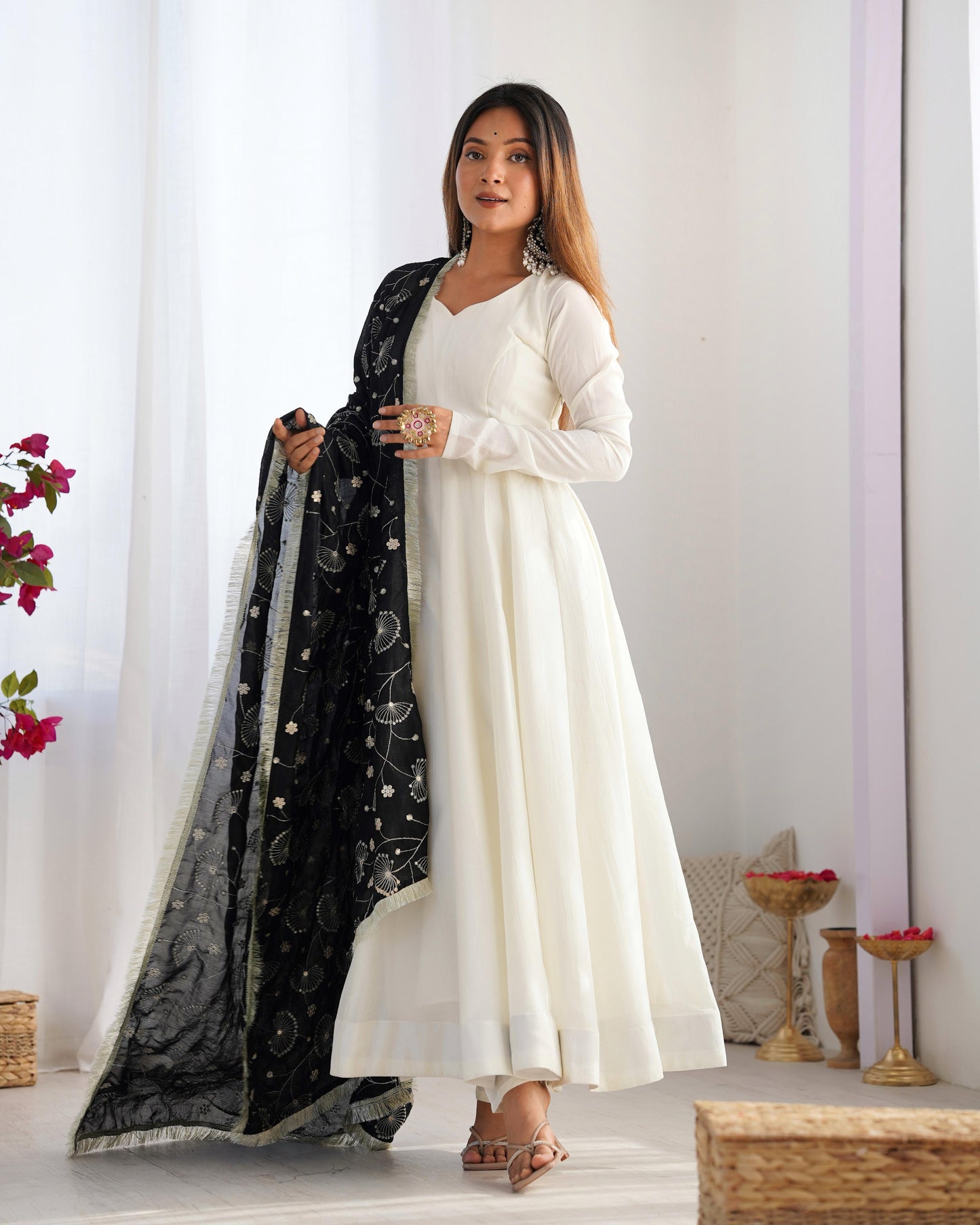 White Soft Vichitra Silk Anarkali Suit Set with Flared Gown, Black Dupatta & Pants